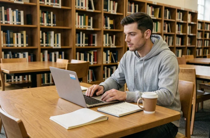 Jeune homme en formation DAEU consultant des ressources en ligne dans une bibliothèque universitaire