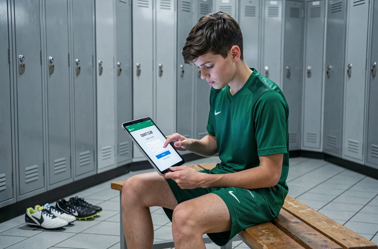 Joueur de football adolescent utilisant une tablette pour se connecter au compte Footclub FFF dans un vestiaire