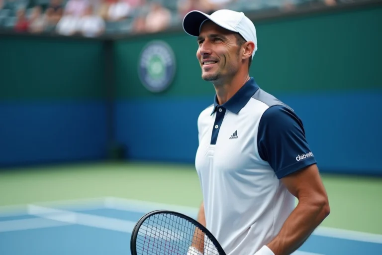 Joueur de tennis professionnel tenant une raquette sur un court en dur, illustrant la carrière et la fortune de Djokovic en 2025