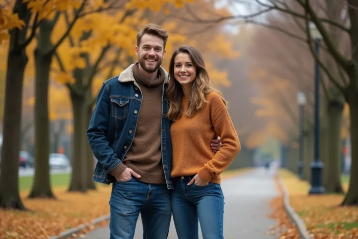 Couple souriant dans un parc en automne, illustrant la vie amoureuse et la différence de taille entre les deux partenaires