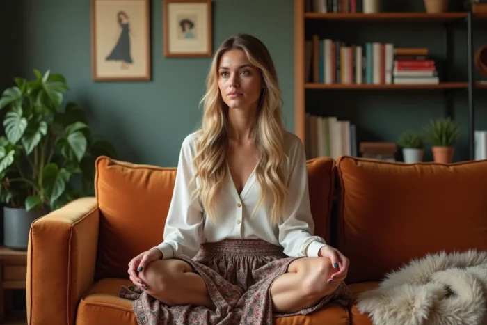Femme artiste assise dans un salon cosy, ambiance intime reflétant sa vie personnelle et sa personnalité authentique