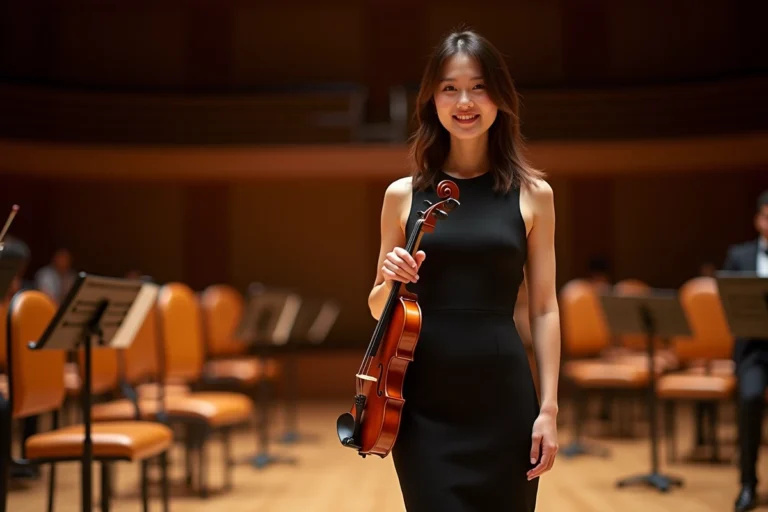Violoniste femme élégante tenant un violon sur scène, portrait éditorial mettant en valeur sa silhouette et sa prestance artistique