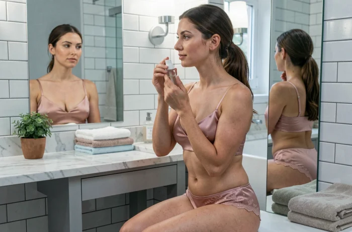 Femme en lingerie satin rose douce assise devant un miroir de salle de bain, symbolisant le confort et la féminité dans la routine quotidienne