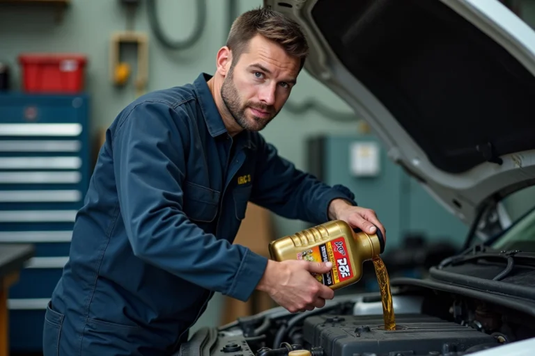 Mécanicien versant de l'huile moteur 5W-50 dans le compartiment moteur d'une voiture en atelier automobile