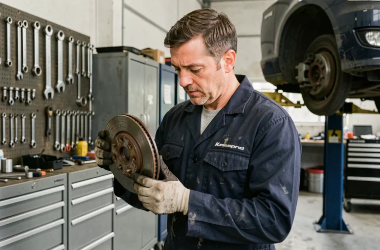 Mécanicien automobile inspectant un disque de frein usé dans un atelier de réparation professionnel