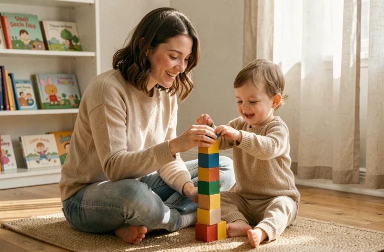 Mère et enfant en bas âge jouant avec des cubes en bois colorés sur le sol d'un salon chaleureux, illustrant l'éveil et le développement de l'enfant au quotidien