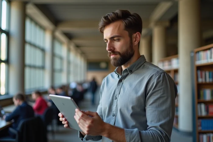 Enseignant consultant sa messagerie académique sur une tablette dans une bibliothèque universitaire de Marseille
