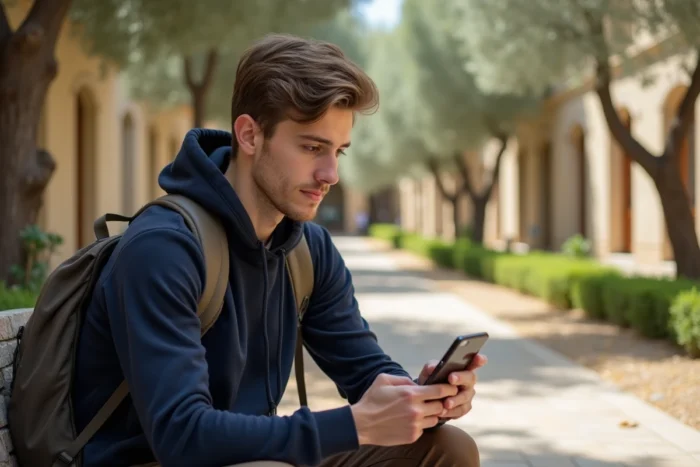Étudiant consultant ses emails académiques Aix-Marseille sur smartphone dans un campus en plein air à Aix-en-Provence