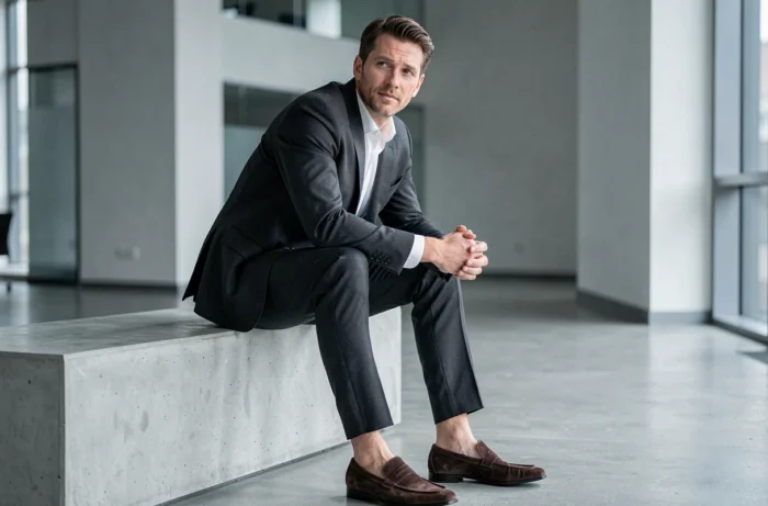 Homme d'affaires en costume gris portant des mocassins en daim chocolat français dans un hall de bureau moderne et minimaliste
