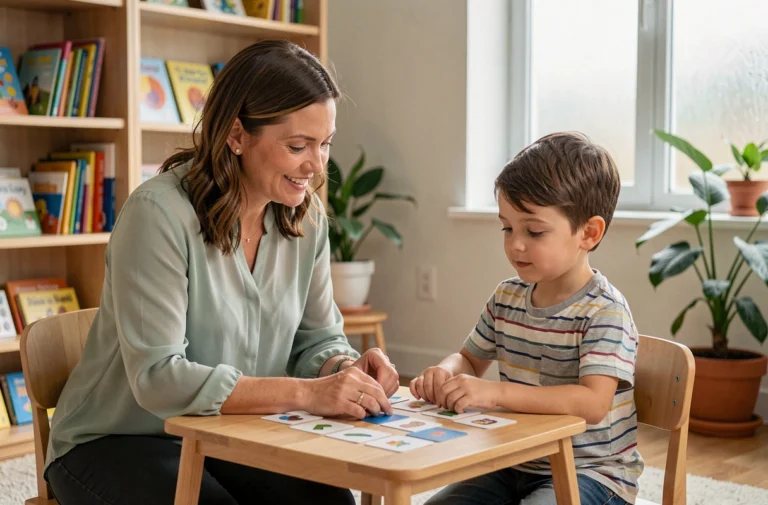 Orthophoniste accompagnant un jeune enfant lors d'une séance de rééducation du langage dans un cabinet thérapeutique chaleureux
