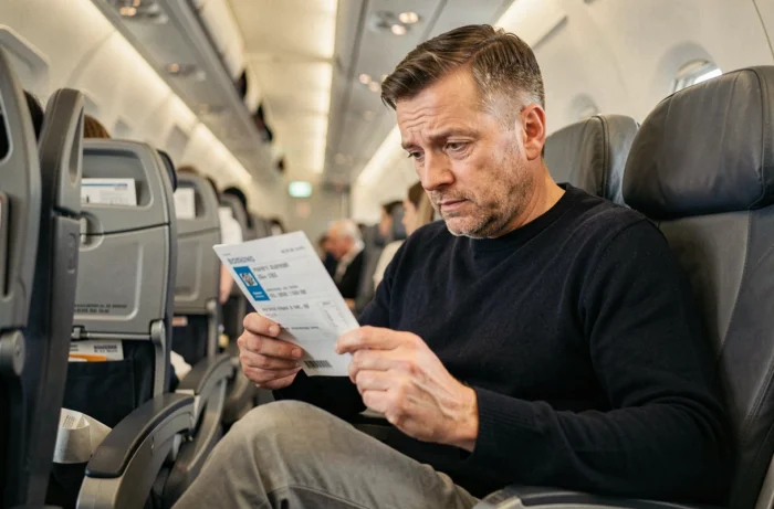 Passager adulte dans un avion regardant sa carte d'embarquement avec une expression interrogative face à la numérotation des sièges