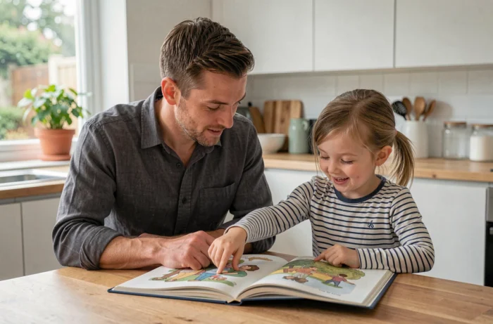 Père et fille de quatre ans partageant la lecture d'un livre illustré à la table de cuisine, moment de complicité favorisant le développement du langage et l'éveil culturel de l'enfant