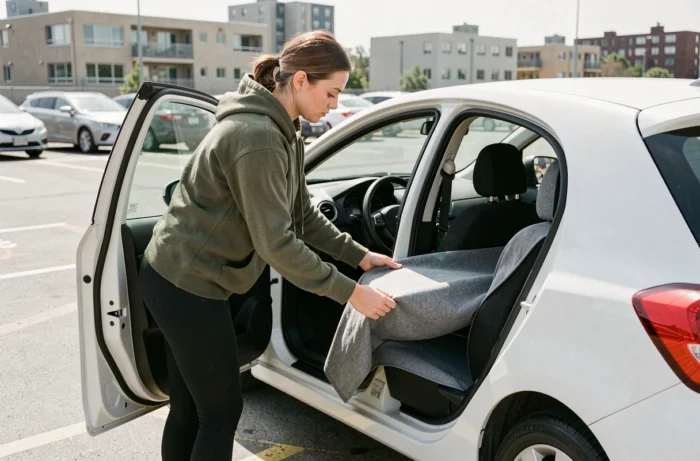 Femme installant une housse de siège personnalisée dans une voiture compacte blanche dans un parking urbain
