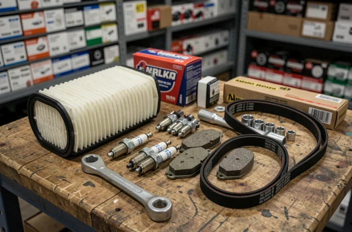 Assortiment de pièces automobiles neuves et usagées disposées sur un établi en bois dans un magasin de pièces auto
