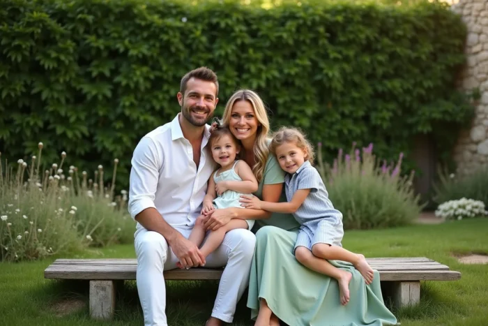 Portrait de famille en extérieur dans un jardin verdoyant de campagne française avec enfants souriants