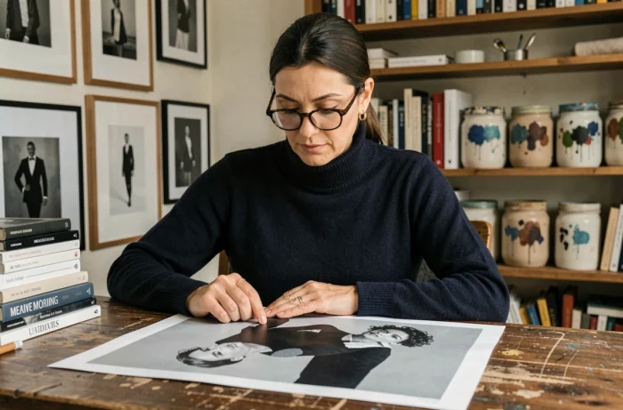 Portrait intimiste d'une ancienne mannequin examinant des photographies de mode dans son studio artistique personnel