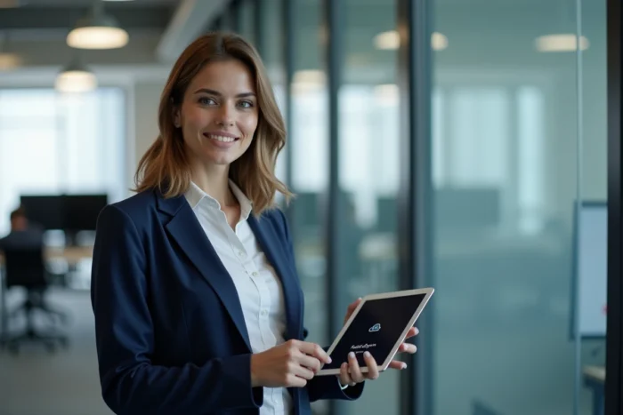 Femme en bureau professionnel tenant une tablette avec une notification d'échec de synchronisation d'application cloud ShareCloudy