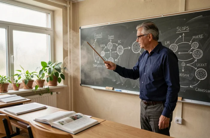 Professeur de biologie expliquant les mécanismes de la reproduction sexuée et de la méiose devant un tableau noir dans une salle de classe