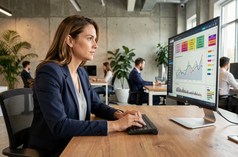 Professionnelle analysant des données de référencement SEO sur un écran d'ordinateur dans un bureau moderne