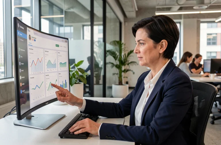 Professionnelle de l'immobilier analysant des outils de gestion intelligents sur un écran dans un bureau moderne