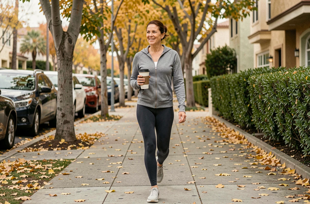 Femme célèbre en tenue sportive se promenant dans un quartier résidentiel de Los Angeles en automne, style de vie naturel