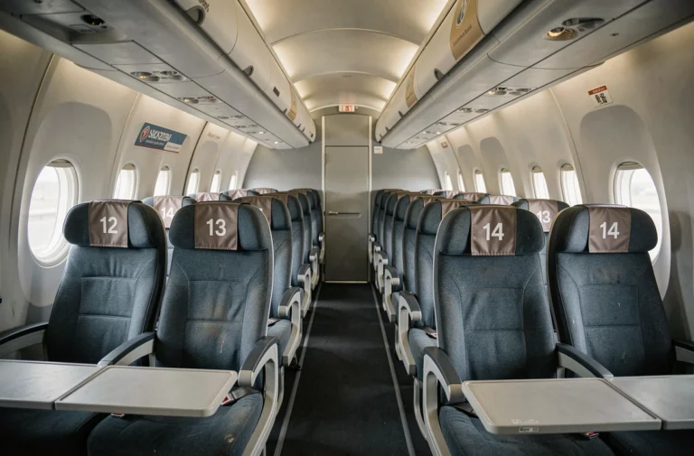 Intérieur d'avion montrant l'absence de la rangée 13 entre les sièges numérotés 12 et 14