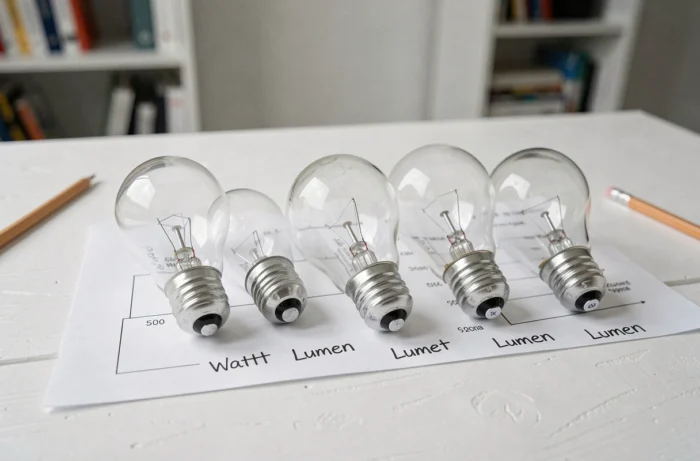 Rangée d'ampoules LED de différents watts avec tableau de correspondance lumen pour guider le choix