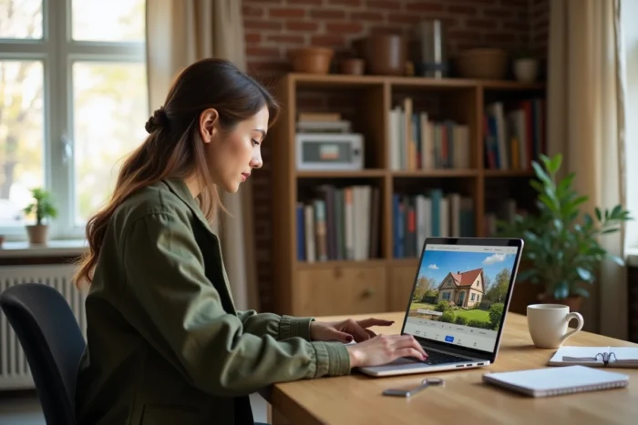 Jeune femme recherchant des biens immobiliers en ligne depuis son bureau à domicile