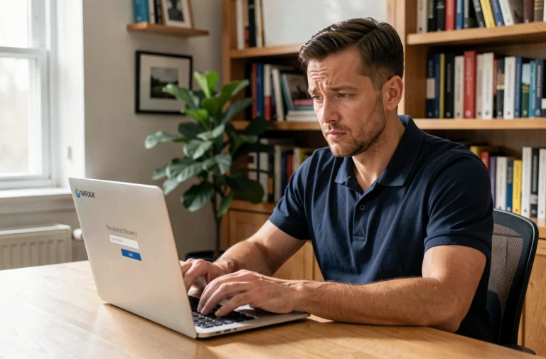 Homme en polo marine récupérant un mot de passe perdu sur un ordinateur portable dans un bureau à domicile