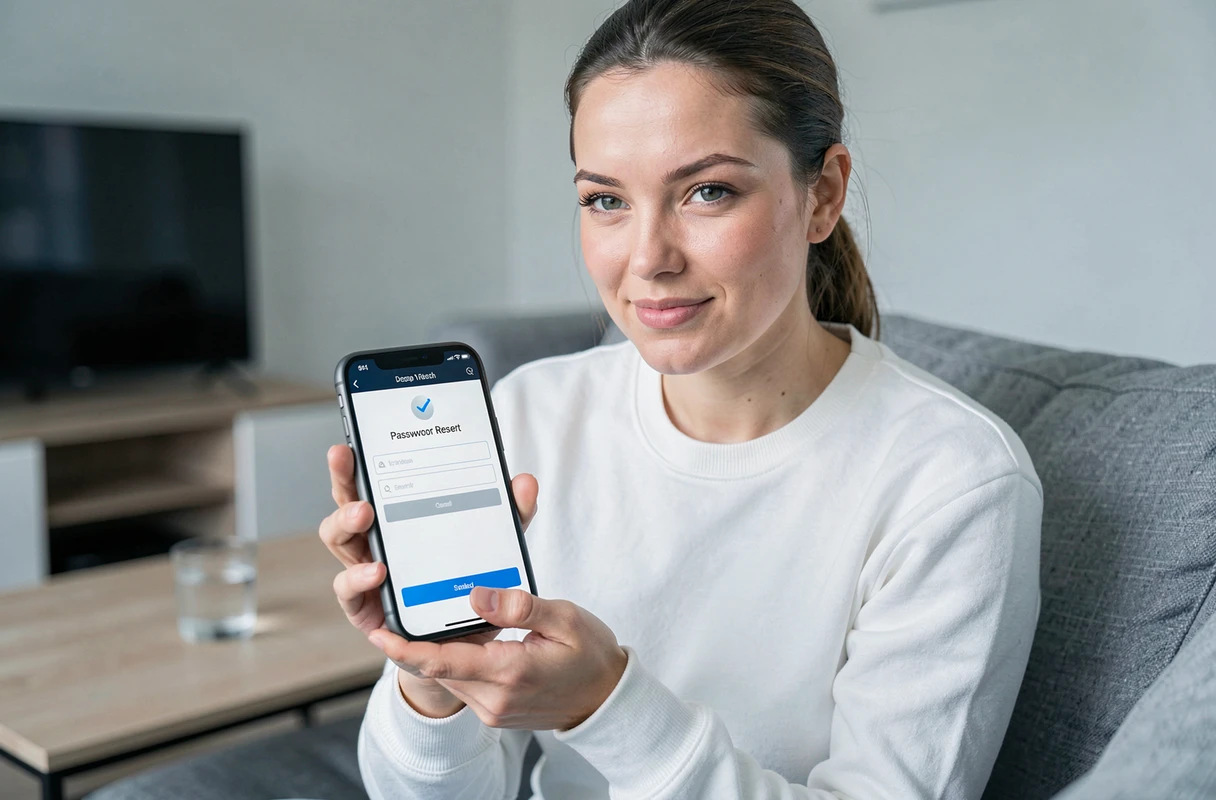 Femme consultant son smartphone pour réinitialiser son mot de passe du compte Footclub FFF dans un salon moderne
