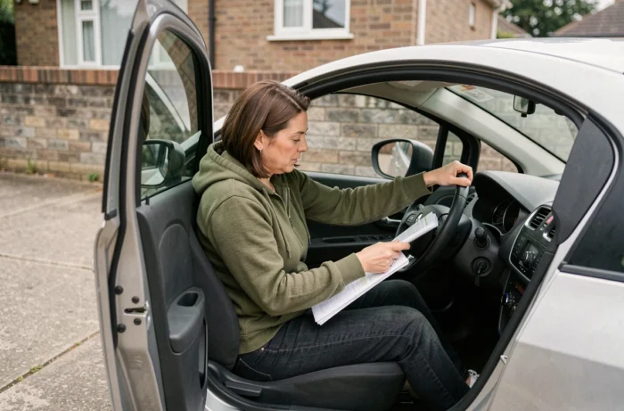 Vrouw die zelf de reset van het oliewisselwaarschuwingslampje van haar Renault Clio 2 uitvoert in een woonstraat