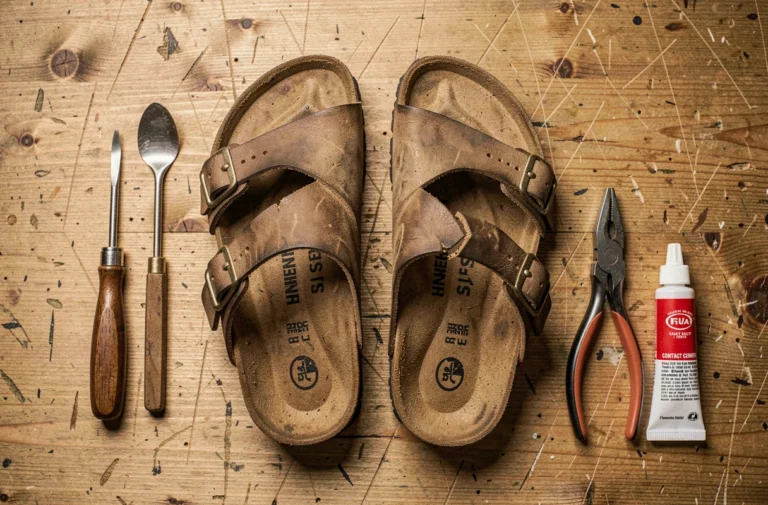 Sandales Birkenstock usées posées sur un établi en bois avec outils de réparation pour bride cassée