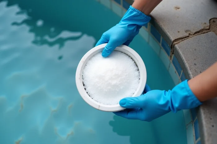 Résidu de clarifiant en excès accumulé dans le panier de skimmer d'une piscine
