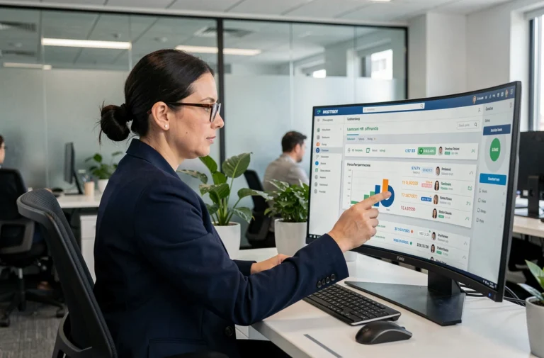 Responsable RH analysant les données de gestion du personnel sur un tableau de bord numérique dans un bureau moderne
