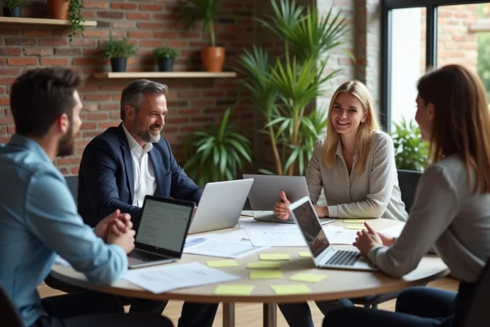 Équipe en réunion de travail collaboratif pour optimiser la gestion quotidienne de l'entreprise