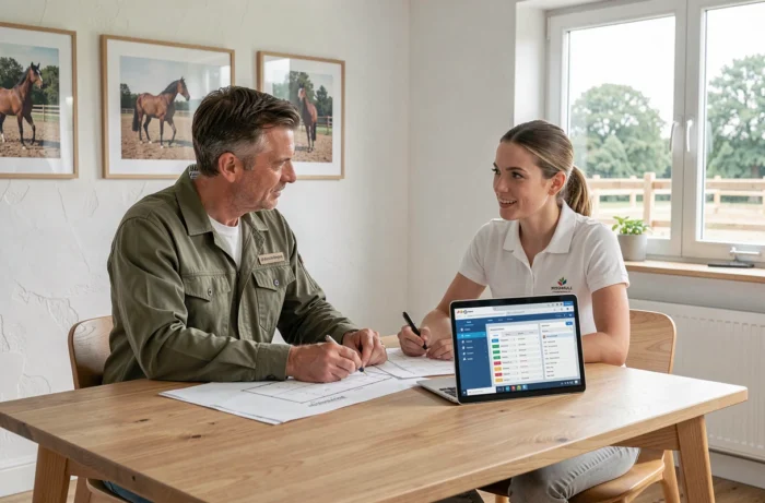 Twee professionals uit de paardensector in een werkvergadering in een kantoor van een modern paardencentrum