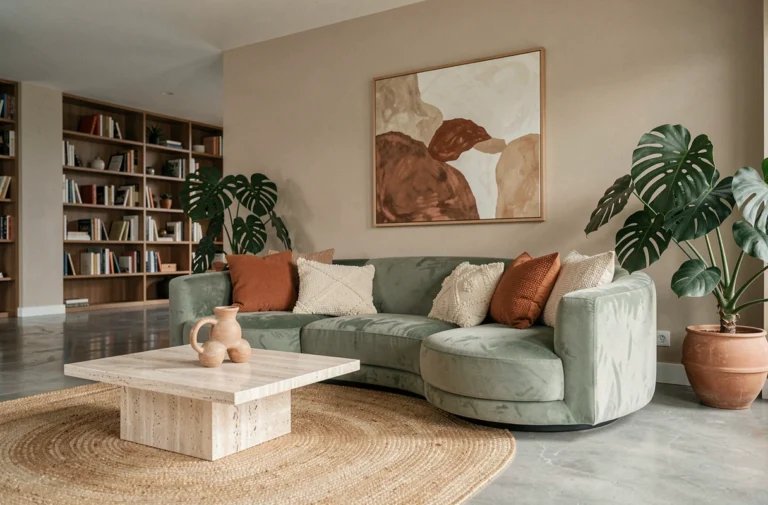 Salon moderne décoré selon les tendances 2024 avec canapé velours vert sauge, table en travertin et plantes tropicales