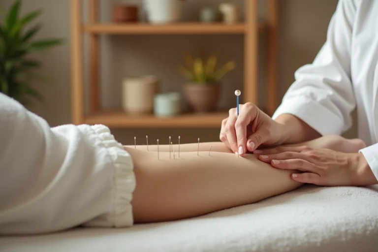 Praticienne en acupuncture plaçant une aiguille fine sur le poignet d'une patiente dans un cabinet médical calme et naturel