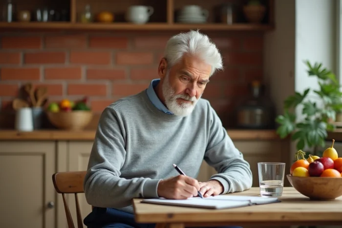 Senior masculin planifiant son alimentation équilibrée à la cuisine, assis devant un bol de fruits frais et un carnet de bien-être, ambiance chaleureuse et détendue