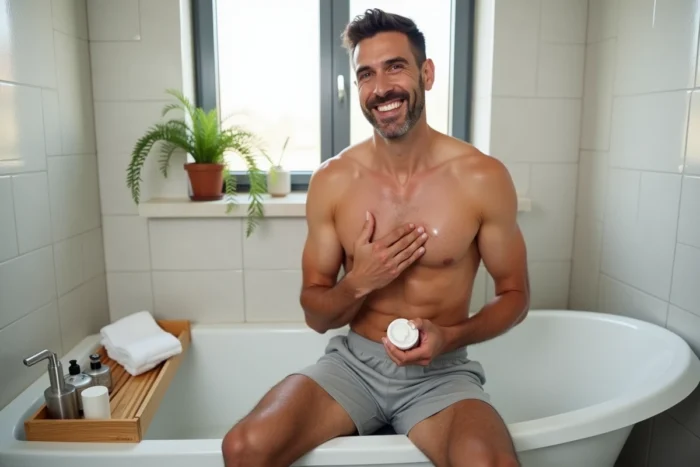 Homme appliquant une crème apaisante après épilation du maillot assis sur le bord d'une baignoire