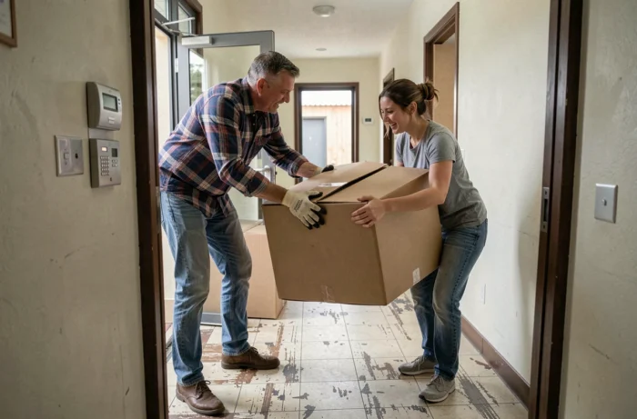 Un homme aidant une femme à déplacer des cartons dans un couloir d'immeuble, illustrant le soutien instrumental face aux défis matériels du quotidien