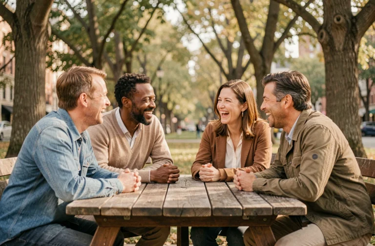 Groupe de personnes de différents horizons réunies dans un parc, illustrant les différentes formes de soutien social au quotidien