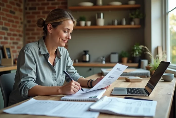 Femme consultant des factures de rénovation et un budget sur ordinateur portable dans une cuisine en cours de travaux