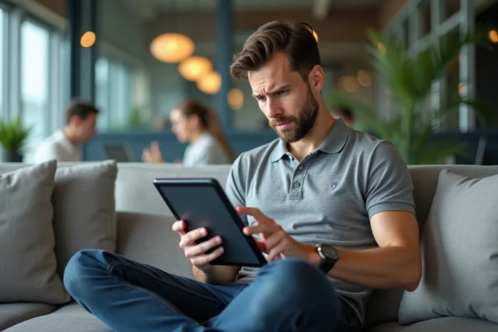 Technicien informatique accédant à un portail extranet de gestion des droits sur tablette dans un espace de travail moderne
