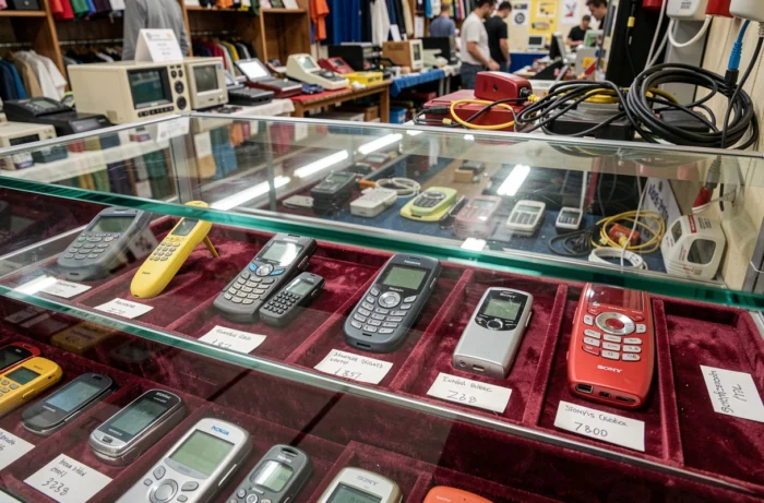 Téléphones à clapet de collection rares exposés dans une vitrine en verre sur du velours dans un marché aux puces rétro, incluant Nokia 8110, Motorola StarTAC et Sony Ericsson Z600 avec étiquettes de prix