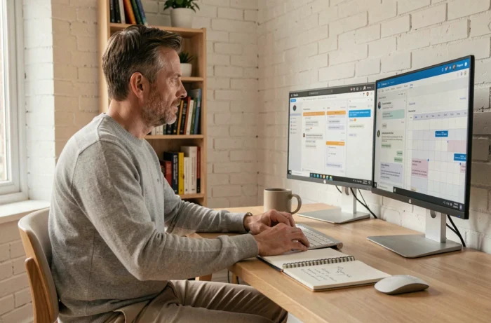 Professional working alone on a collaborative event management platform from their home office