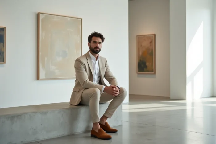 Homme en costume lin beige assis dans une galerie d'art moderne, style mode urbain chic tendance printemps-été