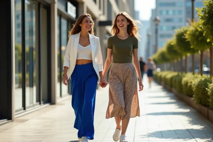 Deux femmes stylées marchant en ville portant des tenues mode tendance saison, look éditorial street style contemporain