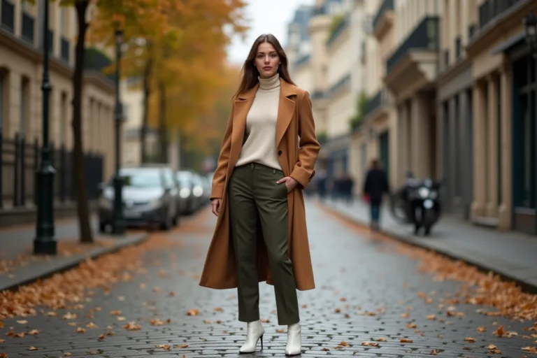 Femme élégante en manteau camel et bottines blanches dans une rue pavée parisienne en automne, look mode tendance saison