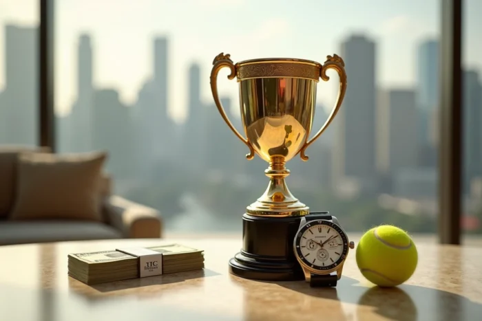 Trophée de tennis, montre de luxe et billets de banque sur marbre symbolisant la fortune et le salaire d'un grand champion en 2025